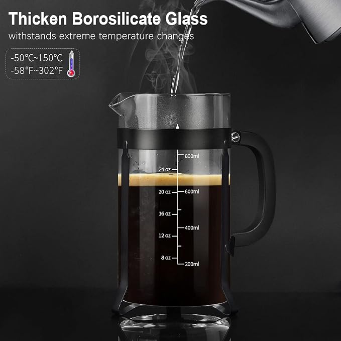 QUQIYSO French Press 34oz, Stainless Steel and Thickened Glass Coffee Maker | 4 Filter Heat-Resistant Borosilicate Glass Coffee Press, Easy to Clean, Suitable for Kitchen Party Camping Gifts(Black)