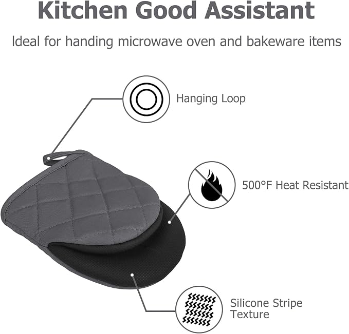 Goldmeet Mini Oven Mitts 2-Pack, 7"x5.5", 500°F Silicone Grip, Cement Gray | Non-Slip, Heat Resistant, Machine Washable, Hanging Loop, Fits Small Hands, for Baking Grilling BBQ Cooking