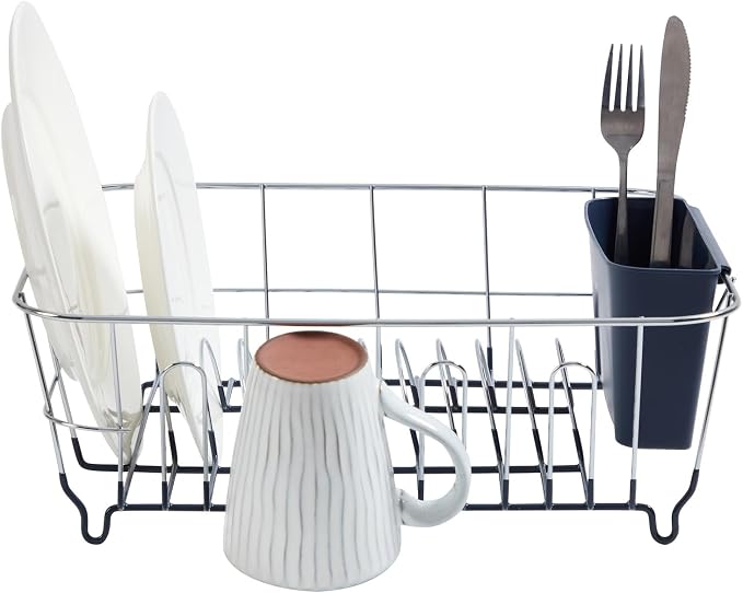 Dish Drying Rack & Cutlery Holder 2 Piece Set Compact Sink-Fitting Dish Drainer with Rubberized Undercoating Space-Saving Kitchen Organizer for Plates, Cups, Bowls & Utensils In Sink, Navy