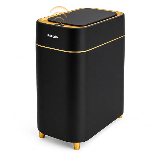 Pukomc Motion Sensor Wastebasket,2.3 Gallon Bathroom Trash can with lid | Touchless Smart Plastic Slim Wastebasket,Quiet Close Waste Bin for Bathroom,Office,RV,Bedroom,Living Room