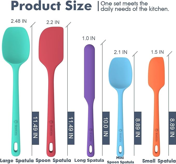 ChefAide 5 Pieces Silicone Spatula Set, Food Grade Rubber Spatula, Upgrade Strong Handle with Ergonomic Grip, Heat Resistant Up to 600°F for Nonstick Cookware, Cooking
