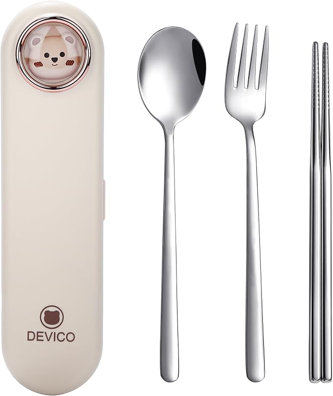 DEVICO Travel Utensils with Case Cute, Reusable Silverware for Lunch, 4Pcs Portable Cutlery Set, 18/8 Stainless Steel Fork Spoon Chopsticks in Cartoon Case, Dishwasher Safe (Light Yellow)