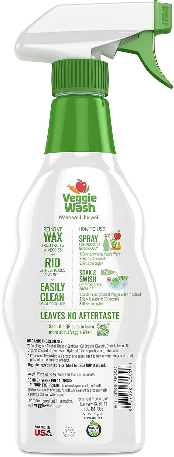 Veggie Wash Organic Fruit and Vegetable Wash, 16 Fluid Ounce, Pack of 3 | Ideal for Cleaning Produce, Vegan, Plant-Derived Ingredients, Unscented, No Parabens, Packaging May Vary