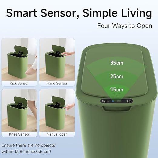 TIPGO 5 Gallon Automatic Bathroom Trash Can with Lid, Green, Touchless | Motion Sensor, Slim Smart Garbage Bin, Plastic Wastebasket, Battery Operated, Manual Button, for Bedroom, Office,RV