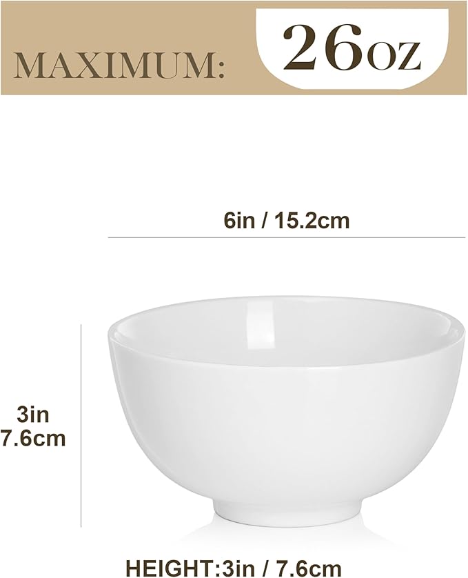 MALACASA 26 Oz Ceramic Soup Bowls Set of 6, White Cereal Bowls for Kitchen | Perfect for soup, cereal, ramen, rice, oatmeal & salad; Scratch-resistant ; stackable, microwave, oven & dishwasher safe