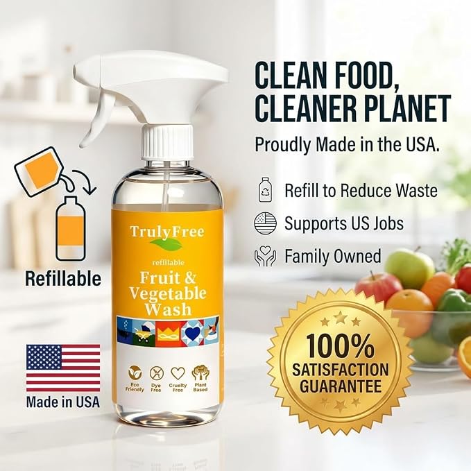 Truly Free Fruit and Vegetable Wash - Veggie Wash Removes 99% of Dirt & Wax | Plant-Based Produce Cleaner Spray | No Aftertaste, Refillable, Made in USA | Fragrance-Free, 16oz