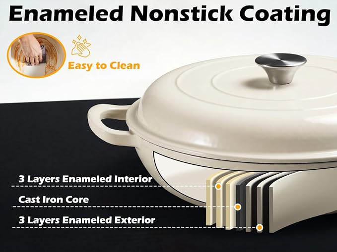 Leonyo 3.6QT Cast Iron Braiser Dutch Oven with Lid, Cream White | Nonstick Enameled Cast Iron Casserole Skillet, Cast Iron Cookware Shallow Dutch Oven with Lid for All Cooktop, Oven Safe