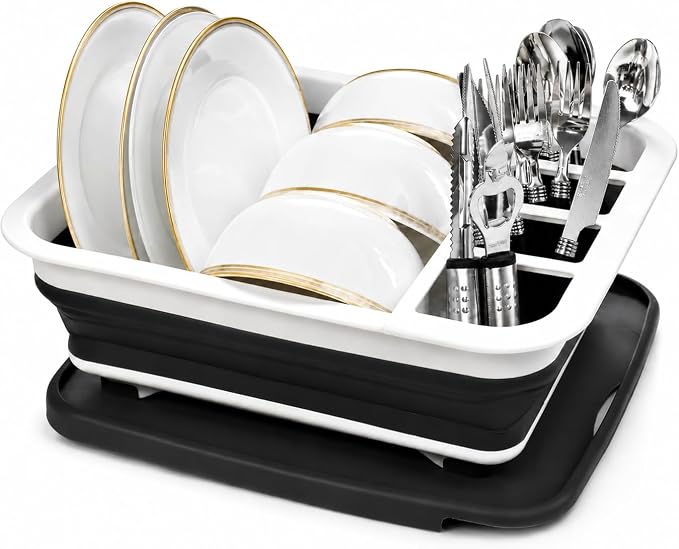 Masirs Pop-Up Collapsible Dish Drying Rack: Convenient Storage, Drains into Sink, Eight Large Plate Capacity, Sectional Cutlery and Utensil Compartment. Compact and Portable Design.