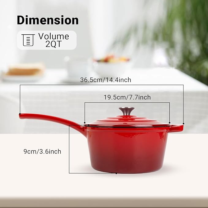 Enameled Cast Iron Sauce Pan, 2 Quarts Round Sauce Pot with Lid, Mini Dutch Oven Enamel Saucepan for Cooking Pasta Sauce, Marinate, Cook, Refrigerate and Serve, Gradient Red