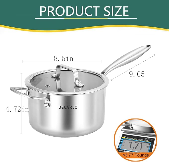 DELARLO Full-body Clad Tri-ply Stainless Steel 3.5 Quart Saucepan with Lid | Stainless Steel Pot Induction Cooking Sauce Pot Pan, Fast and Even Heat, Heavy Duty Saucier Cookware, PFOA&PTFE Free