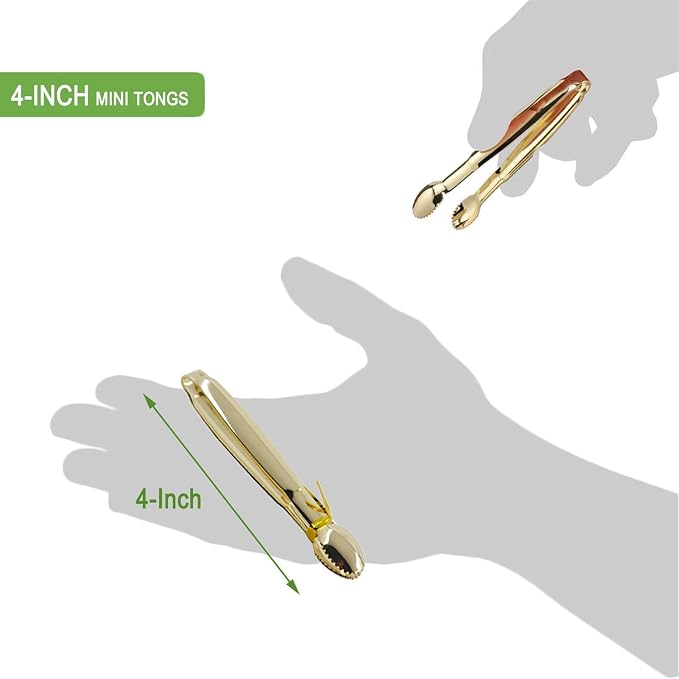 HINMAY Gold Plated Mini Serving Tongs 4-Inch Sugar Cube Tongs, Set of 4 | Stainless Steel Small Ice Tongs for Serving, Tea Party, Coffee Bar, Desserts