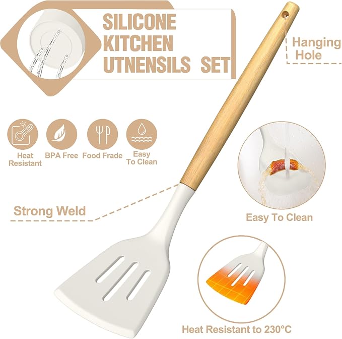 Umite Chef Silicone Kitchen Utensil Set, 34PCS Heat Resistant Kitchen Gadgets and Tools With Grater, Cream White Wood Handles for Nonstick Cookware