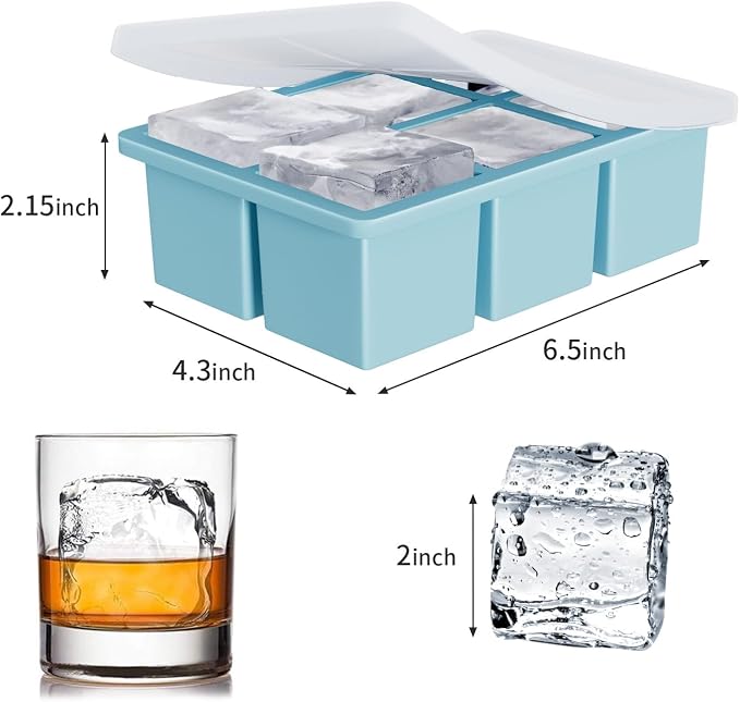 Large Ice Cube Tray for Whiskey: FDDBI Silicone Ice Cube Trays with Lid - 2Pack Big Square Old Fashioned Ice Cube Maker for Cocktail - 2inch Huge Cubed Ice Trays for Whisky
