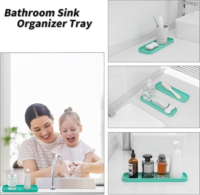 MicoYang Silicone Kitchen Sink Organizer Tray for Multiple Usage,Eco-Friendly Sponges Holder for Kitchen Bathroom Counter or Sink,Dish Soap Dispenser,Scrubber,Bottle,Cup (Mint, 12"×4")