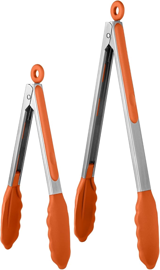 U-Taste Kitchen Tongs for Cooking, 600ºF Heat-Resistant Tps, 2Pcs/Orange | Silicone Tong Set 9/12in, Salad/Grill/BBQ Plastic Tong for Food Serving, Rubber Tipped Tong with 18/8 Stainless Steel Handle