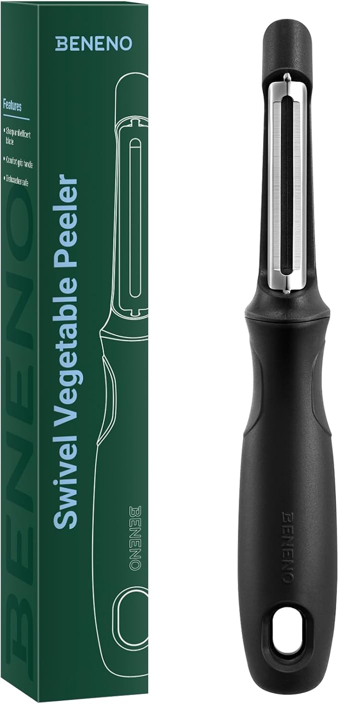Beneno Swivel Vegetable Peeler, Premium Smooth Peeling Potato Peeler, Black | Razor-Sharp Stainless Steel Blade, Ergonomic Non-Slip Grip, Built-In Potato Eye Remover, Durable Design for Fruits & Veggies