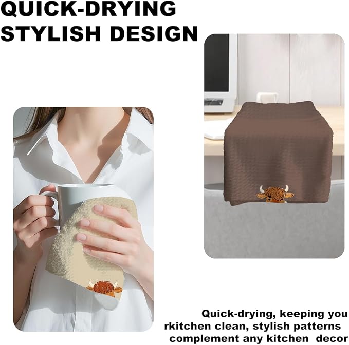 3 Pcs Funny Highland Cow Hand Towels, Cow Farmhouse Decorative Dish Towels | Waffle Dish Towels for Bathroom Kitchen Decor Country Farm Highland Holiday Housewarming Gifts