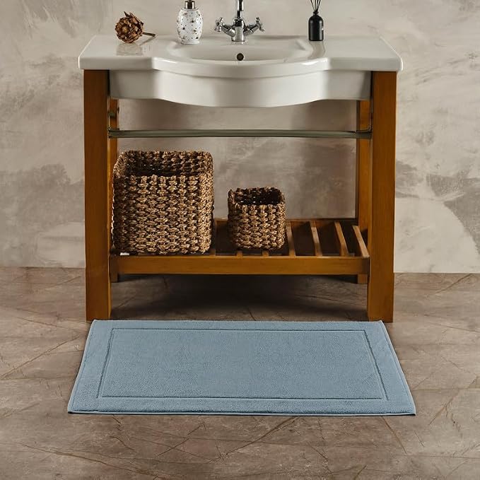 Hawmam Linen Light Blue Bath Mats, 21 x 34 inches, Pack of 2-100% Ring Spun Cotton,[Not a Bathroom Rug] Banded Design, Highly Absorbent, Machine Washable for Bathroom Floor Towel