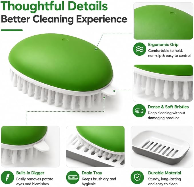 Fruit and Vegetable Cleaning Brush, Vented Box, Stiff Bristles, Green