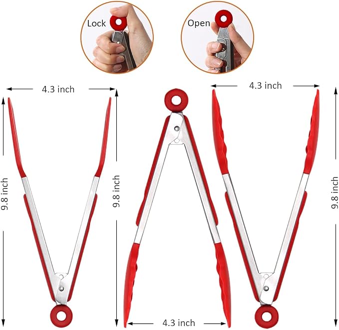9 Inch Cooking Tongs with Silicone Tips Set of 3(Red) | Stainless Steel Handle, Non-Scratch, Heat Resistant