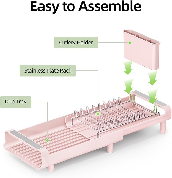 TOOLF Small Dish Drying Rack, Expandable and Space-Saving, Pink | Mini Dish racks for kitchen counter, Compact Design Fits Sink or Counter, Stainless Steel Plate Rack, 11"-19.3"L×7.7"W×3.54"H