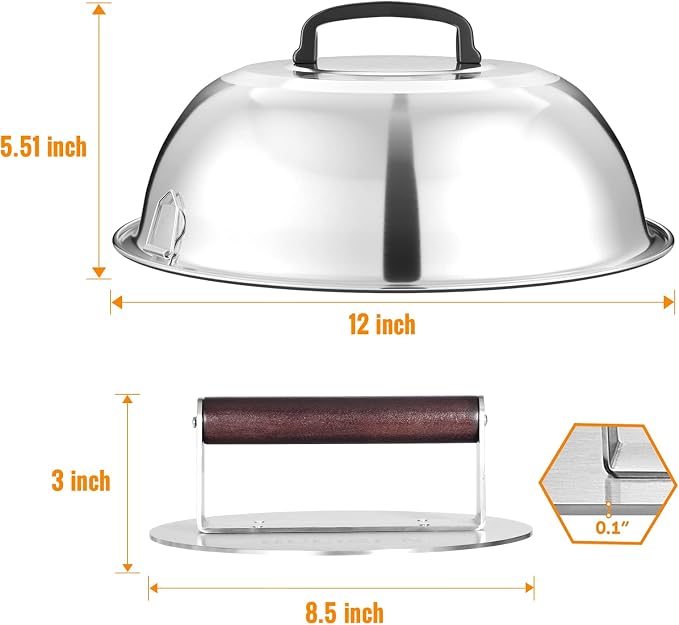 HULISEN 12-Inch Melting Dome for Griddle & 8.5-Inch Burger Press Set | Stainless Steel, Covers Multiple Patties, Melts Cheese, Comfortable Grip, Griddle Accessories Kit for Flat Top Grill Cooking