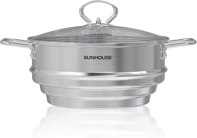 SUNHOUSE 5 QT Stainless Steel Steamer Basket for Pot, Universal Insert | Food & Vegetable Steaming Rack with Glass Lid, Stay-Cool Handles - Fits 8, 8.5, 9.5 Inch Pots - Cestello Vaporera