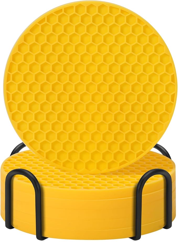 TWTLi Silicone Coasters Set of 6 with Holder — Non-Slip Drink Coasters for Coffee Table, Home Bar & Kitchen, Protects Wood & Marble Surfaces from Water Rings, Dishwasher Safe (Yellow)