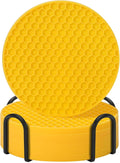 TWTLi Silicone Coasters Set of 6 with Holder — Non-Slip Drink Coasters for Coffee Table, Home Bar & Kitchen, Protects Wood & Marble Surfaces from Water Rings, Dishwasher Safe (Yellow)