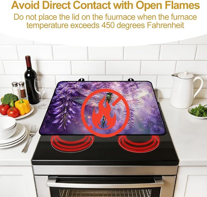 Dragonfly Wisteria Stove Top Cover for Electric Gas Glass Stove | Purple dragonfly wisteria kitchen decor; non-slip stovetop cover, glass cooktop noodle board, whimsical floral counter mat