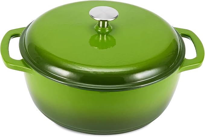 Amazon Basics Enameled Cast Iron Dutch Oven Pot with Lid, Round, Dual Handles, Heavy-Duty, Oven Safe for Stews, Roasting, Baking, 7.3-Quart, Green