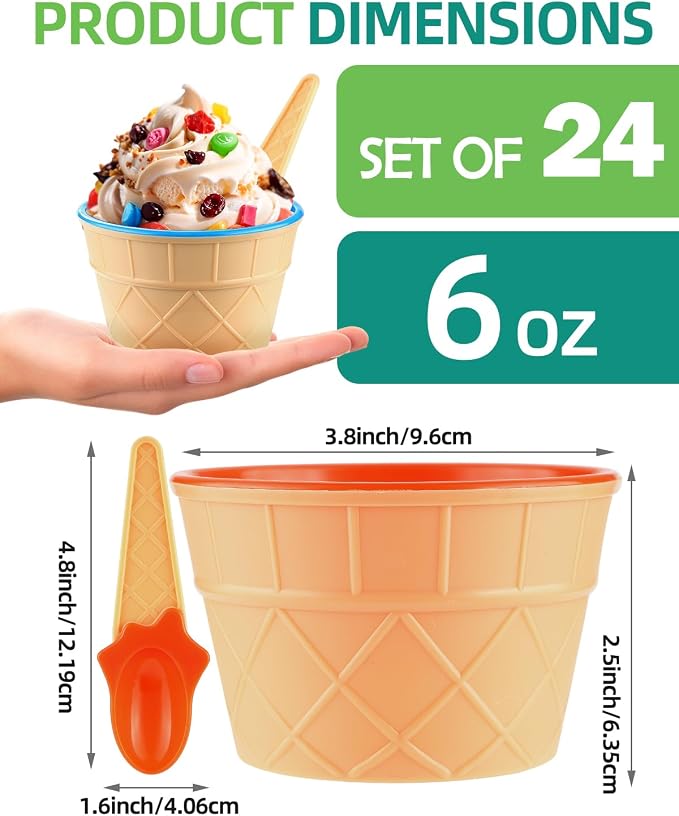 24 Pack Ice Cream Bowls and Spoons Set Plastic Cups Party Favor Gift | Reusable Cute Dessert Bowls Set For Graduation Birthday Parties Festive Durable Lovely Colorful DIY Frozen Yogurt Candy