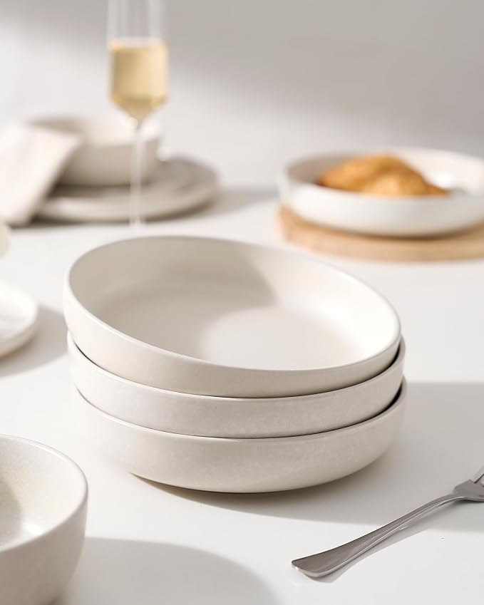 famiware Milkyway 33 oz Pasta Bowls Set of 6, Matte White | Double Reactive Glaze, Scratch-Resistant Stoneware Salad Bowls, Stackable, Dishwasher & Microwave Safe, Lead-Free
