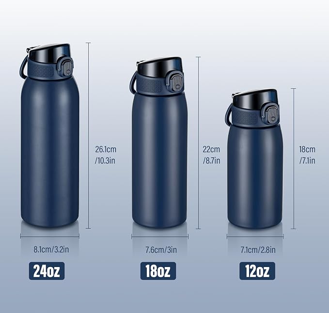 Insulated Water Bottle 12 oz with Dustproof Lid, Carry Handle & Tea Infuser, BPA-Free & Leakproof, Stainless Steel Water Bottles Ideal for Fitness, Hiking, Office & Outdoor Use （Dark Blue ）