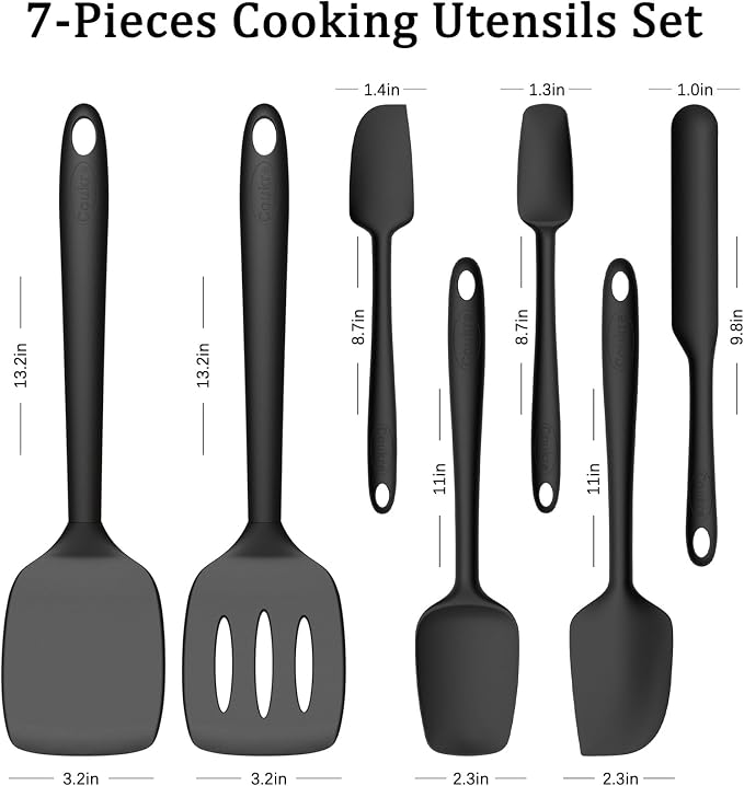 Coukre Silicone Spatula Set of 7, BPA Free Food Grade Silicone Cooking Utensils, Heat Resistant Kitchen Tools for Nonstick Cookware, Dishwasher Safe Spatulas for Cooking and Baking（7,PureBlack）