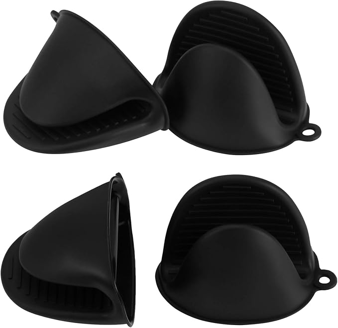 Vaincre 4PCS Heat Resistant Silicone Oven Mitts & Potholders, All Black | Food Grade Silicone, Non-Slip Grip, Waterproof, Mini Size, Flexible, Dishwasher Safe, For Cooking Baking Grilling BBQ