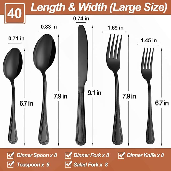 Silverware Set,40-Piece Stainless Steel Flatware Set for 8 | Food-Grade Stainless Steel Cutlery Set,Dishwasher Safe,Mirror Finished Utensil Sets for Home Restaurant,Pearl-Edged,Black