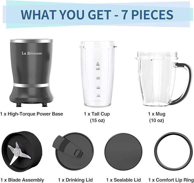 La Reveuse Personal Smoothie Blender, 7 Pieces Set, 250W, Black | for Shakes Smoothies Dips Sauces, BPA-free, Push to Blend, (1) 15oz Cup, (1) 10oz Mug, Dishwasher Safe, Compact, LARB2501B