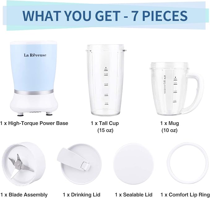 La Reveuse Personal Smoothie Blender, 7 Pieces Set, 250W, Sky Blue | for Shakes Smoothies Dips Sauces, BPA-free, Push to Blend, (1) 15oz Cup, (1) 10oz Mug, Dishwasher Safe, Compact, LARB1825