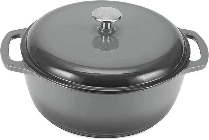 Amazon Basics Enameled Cast Iron Dutch Oven Pot with Lid, Round, Dual Handles, Heavy-Duty, Oven Safe for Stews, Roasting, Baking,6-Quart, Gray