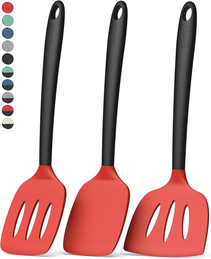 Coukre 3 Pack Silicone Spatula Set, Heat Resistant to 500°F, BPA-Free | Fish Spatula, Solid & Slotted Turners, Dishwasher Safe, Spatula Set for Eggs, Pancakes, Fish & Burgers, RedBlack