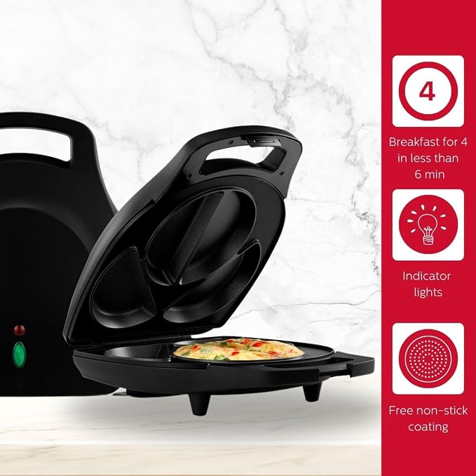 Holstein Housewares Stainless Steel 4 Section Omelet Maker, Non Stick Coating, Mess Free Cooking, Easy Cleaning, Indicator Lights, Upright Storage & Anti Slip Feet For Quick Meals. 4 Portions, Black