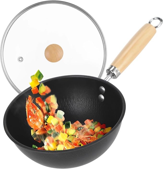 Small Wok with Lid, Mini Wok, 8" Non-stick Mini Frying Pan, Compact, Coating-less, Cast Iron Wok with Wooden Handle, Compatible with Induction, Gas, Ceramic Stove
