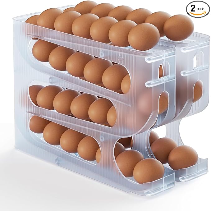 FIFO Egg Holder for Fridge, Egg Organizer for 56 Large Size Eggs | 2-Pack Auto Rolling Egg Dispenser for Refrigerator, Space-Saving Egg Roller/Container/Storage(Frosted Clear)