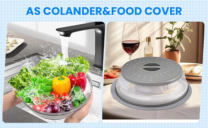 Microwave Cover for Food and Silicone Mat Collapsible Microwave Splatter Cover, Microwave Plate & Dish Cover with Easy Grip Handle, BPA-Free, 10.5” Cover&12.2” Mat, Dishwasher Safe (Grey)