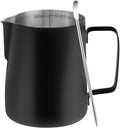Amrules Milk Frothing Pitcher 12oz Frother Cup Barista Tools, Black | 18/8 Stainless Steel, 12oz Capacity with Clear Scale, with Decorating Pen, Ergonomic Handle, for Cappuccino, Latte & Espresso