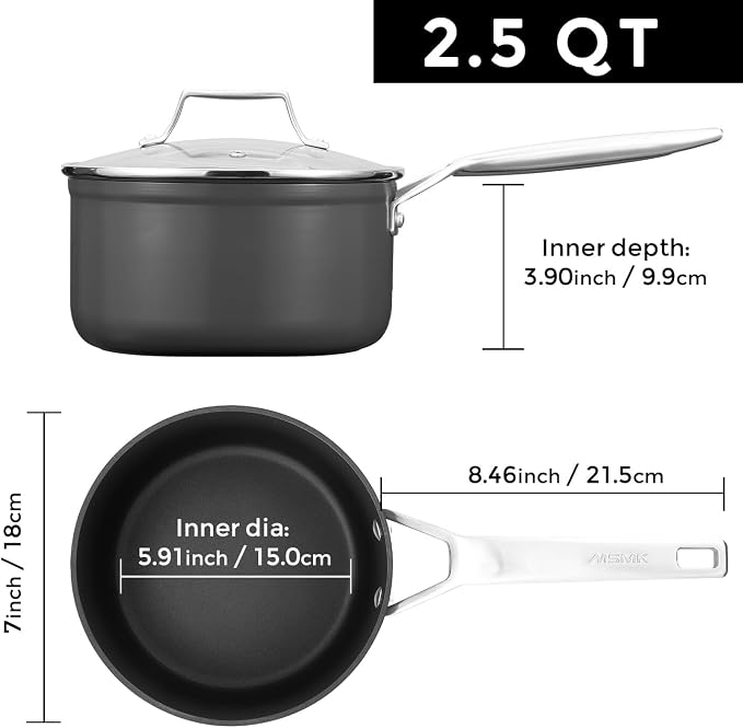 MsMk 2.5 QT Nonstick Saucepan with Lid, Grey Induction Cooking Pot | Non Toxic, Even Heating, Easy Clean, Dishwasher & Oven Safe, suitable for gas & electric & induction stoves, PFOA & PFAS Free