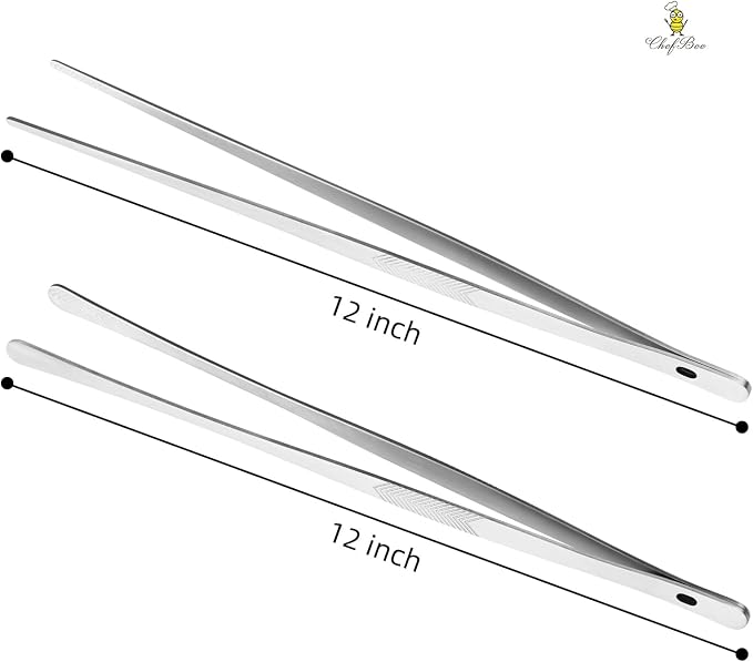 ChefBee 2PCS 12" Stainless Steel Kitchen Tongs Tweezers with Serrated Tips | Precision Grip, Chef Grade, Sturdy Kitchen Utensils, For Serving Food Pasta Salad, Suitable for Grill BBQ Culinary Use