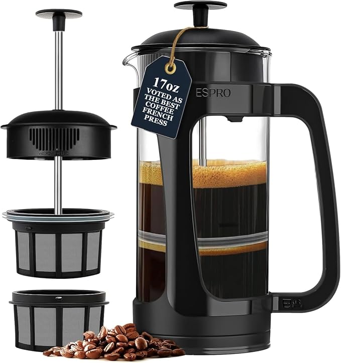 ESPRO P3 French Press Coffee Maker, 17oz, Black, Double Micro Filter Press | Grit-Free Coffee Press, Thicker Borosilicate Heat Resistant Glass french press, Tea Press, Easy Coffee Brewer, Tea Brewer