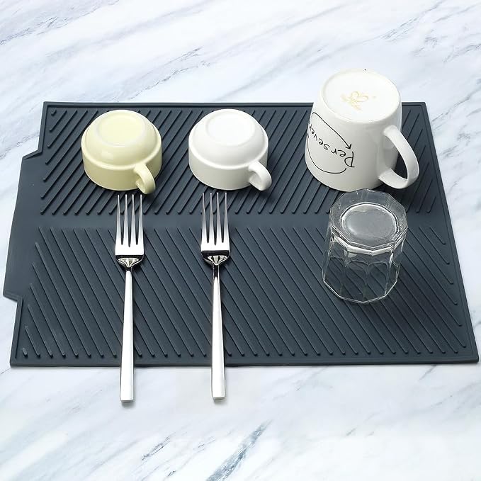 Silicone Dish Draining Mat, Eco Friendly Dish Drying Mat Kitchen Counter Anti-Skid and Heat Insulation Pad, Sink Drainer Mat with Dense Drainage Grooves (S (15"×10"))